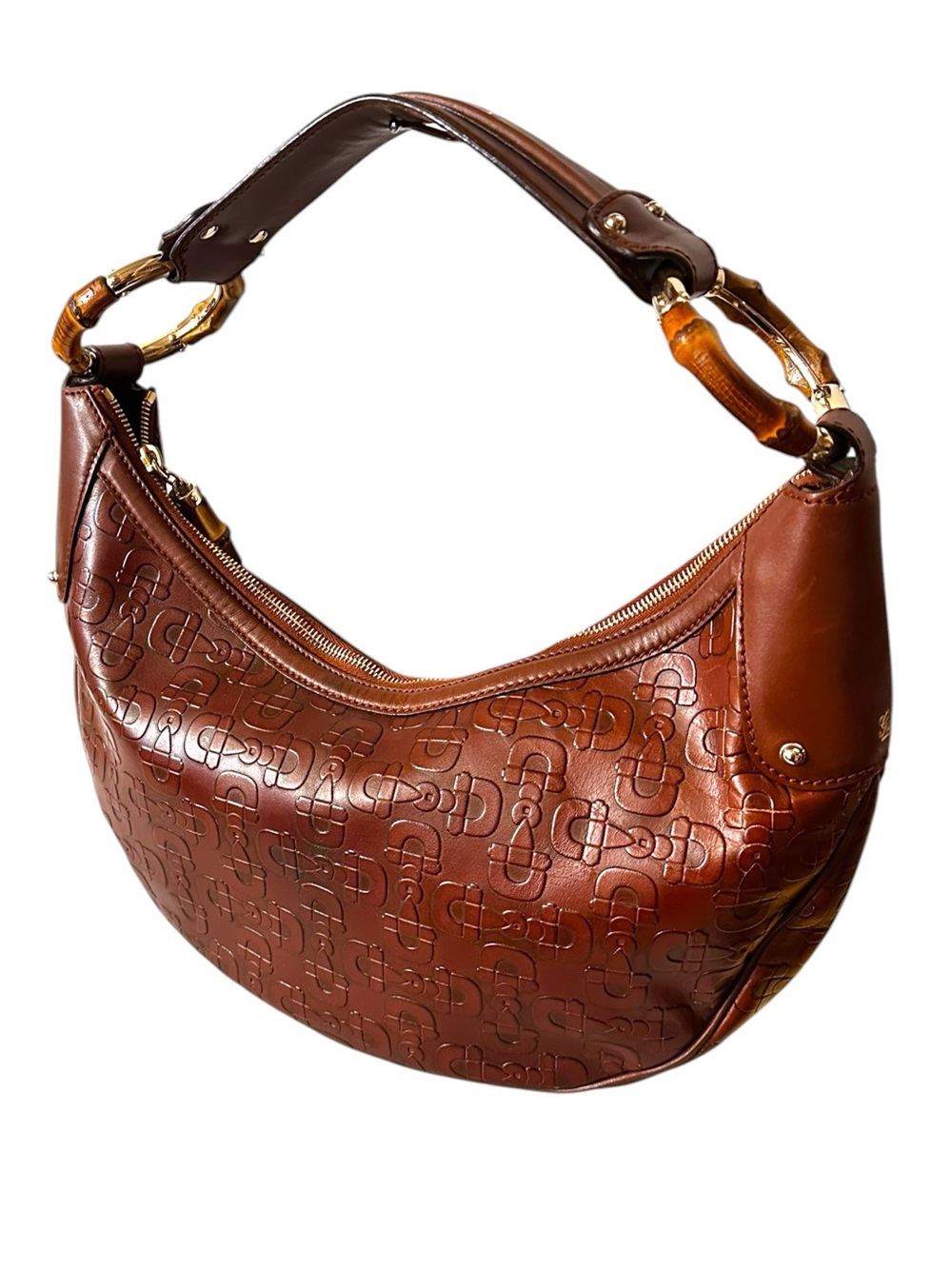 Gucci Rich Brown Horsebit Embossed Leather Shoulder Hobo Bag Bamboo-Ring Detail - Picture 11 of 17